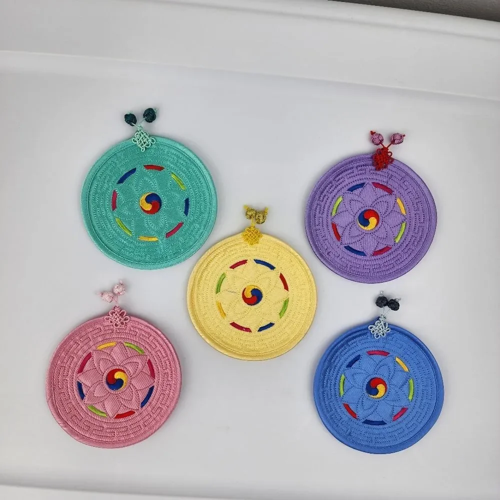 Set Of 5 Quilted Embroidered Fabric Coasters Colorful Decorative Korean Asian